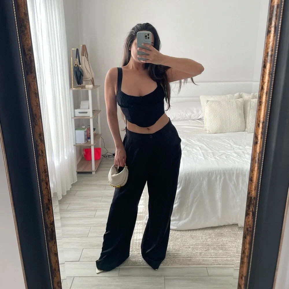 ASOS Black Silk Wide Leg Pants + Zara Black Corset Top // TWO PIECE SET - Picture 4 of 13